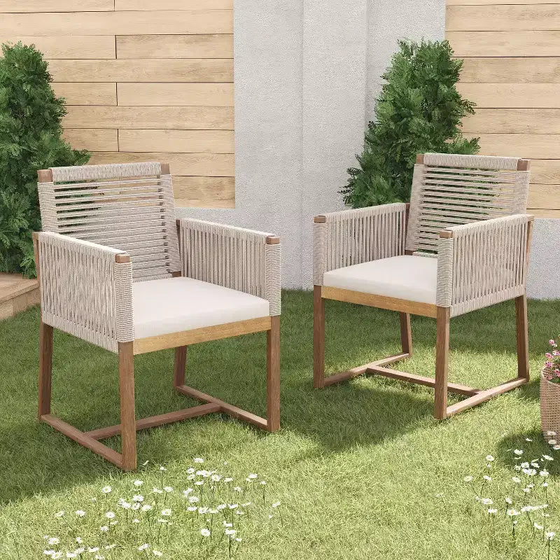 Okak Boho Outdoor Acacia Accent Chairs Handwoven Rope Dining Chairs,Set of 2,Patio Armchairs with Washable Cushion for Backyard,400lbs Max