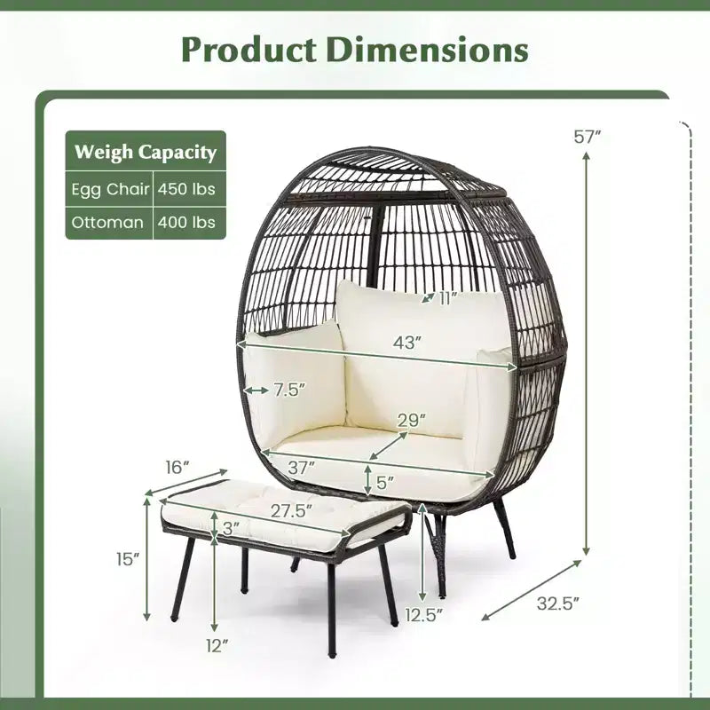 Costway Lot de 2 chaises longues de jardin en osier, fauteuil œuf surdimensionné avec coussins moelleux