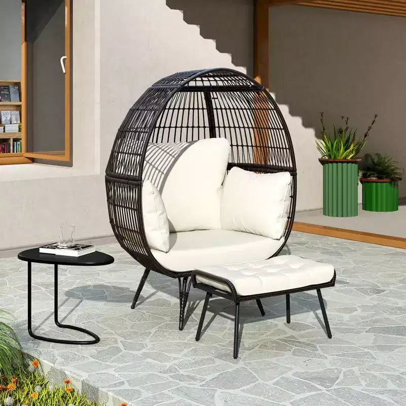 Costway Lot de 2 chaises longues de jardin en osier, fauteuil œuf surdimensionné avec coussins moelleux