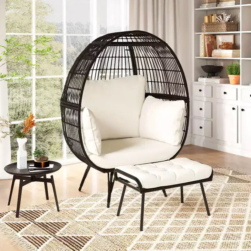 Costway Lot de 2 chaises longues de jardin en osier, fauteuil œuf surdimensionné avec coussins moelleux