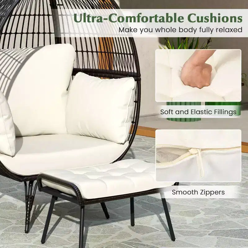 Costway Lot de 2 chaises longues de jardin en osier, fauteuil œuf surdimensionné avec coussins moelleux