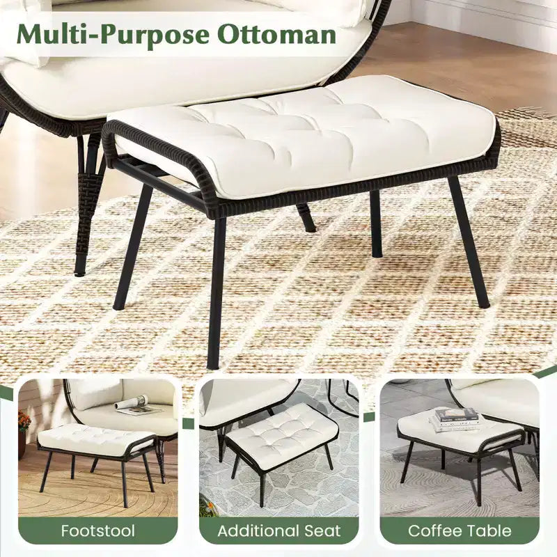 Costway Lot de 2 chaises longues de jardin en osier, fauteuil œuf surdimensionné avec coussins moelleux