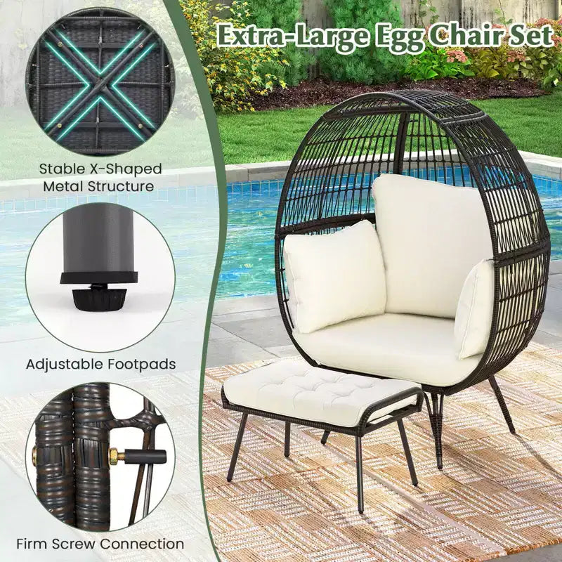Costway Lot de 2 chaises longues de jardin en osier, fauteuil œuf surdimensionné avec coussins moelleux