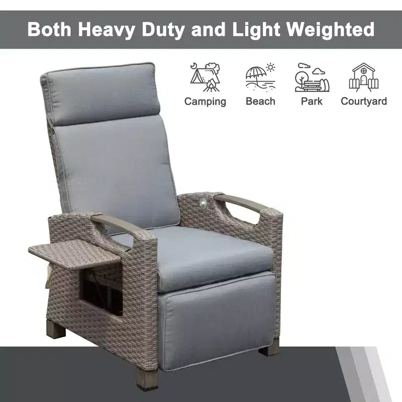 Okak 90-150 Chaise longue de patio avec repose-pieds réglable et cadre en rotin, fauteuil d'extérieur avec table d'appoint, charge maximale 159 kg