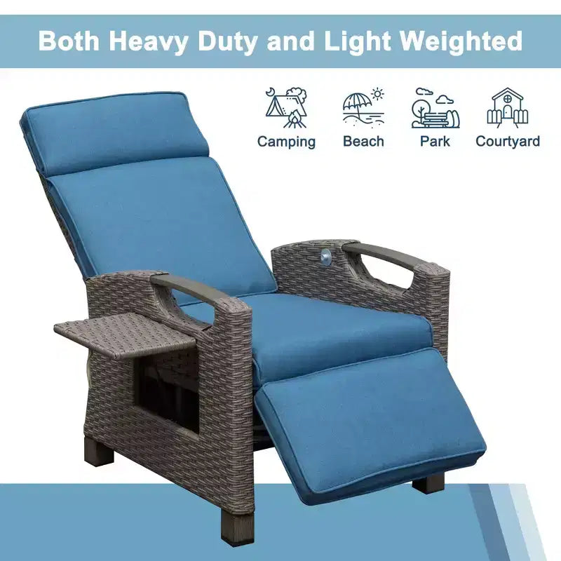 Okak 90-150 Chaise longue de patio avec repose-pieds réglable et cadre en rotin, fauteuil d'extérieur avec table d'appoint, charge maximale 159 kg