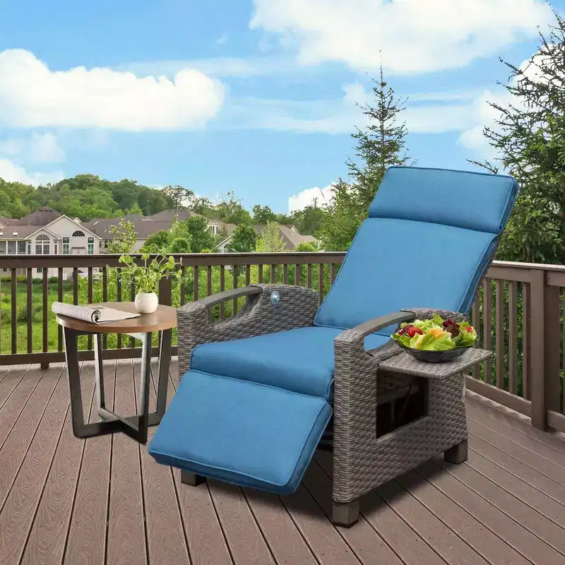 Okak 90-150 Patio Recliner Chair with Adjustable Footrest&Rattan Frame,Outdoor Lounge Chair Accent Chair with Side Table,350lbs Max