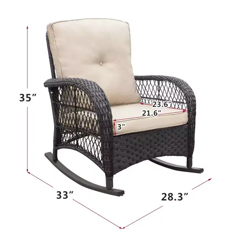 Fauteuil à bascule Okak en rotin rembourré pour patio, lot de 1/3, fauteuil de jardin en métal thermolaqué pour porche, arrière-cour et jardin, 158 kg max.
