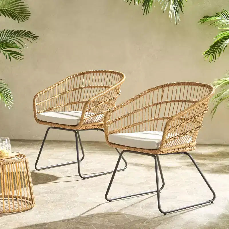 Okak 16 Chaises d'appoint de patio industrielles Boho avec coussin, lot de 2, chaises de salle à manger en rotin tressé d'extérieur, sièges de mobilier de patio modernes