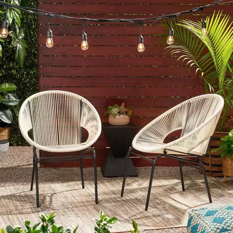 Fauteuils d'appoint d'extérieur industriels rustiques Okak en forme d'œuf, lot de 2, en rotin PE et fer, chaises de salle à manger, meubles de patio