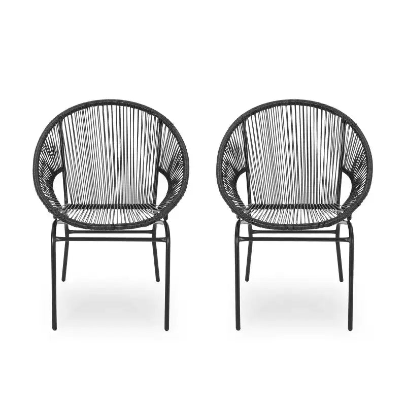 Fauteuils d'appoint d'extérieur industriels rustiques Okak en forme d'œuf, lot de 2, en rotin PE et fer, chaises de salle à manger, meubles de patio
