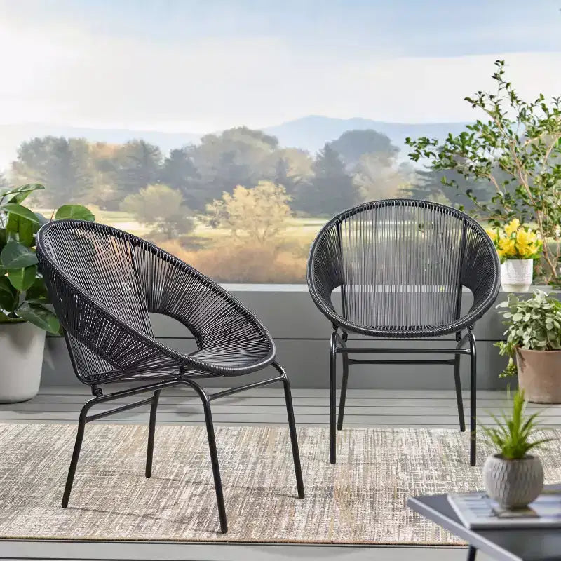 Fauteuils d'appoint d'extérieur industriels rustiques Okak en forme d'œuf, lot de 2, en rotin PE et fer, chaises de salle à manger, meubles de patio