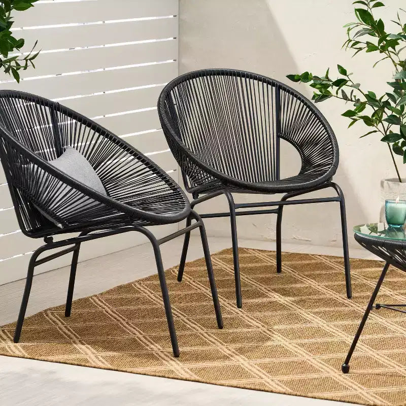 Fauteuils d'appoint d'extérieur industriels rustiques Okak en forme d'œuf, lot de 2, en rotin PE et fer, chaises de salle à manger, meubles de patio