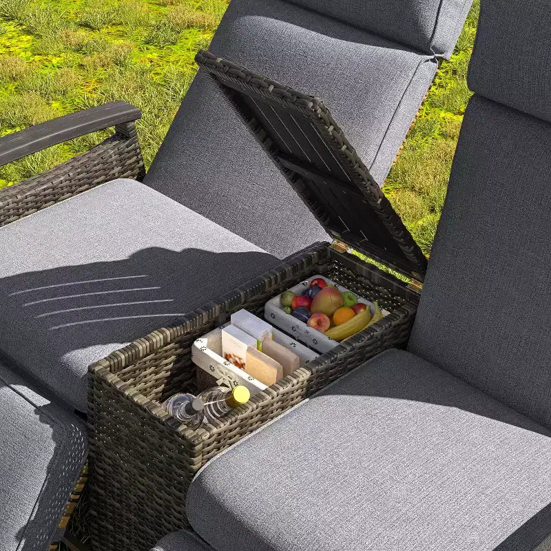 Causeuse inclinable Okak 80-145 avec table de rangement intégrée, dossier haut et repose-pieds réglable, chaise longue d'extérieur pour porche et jardin