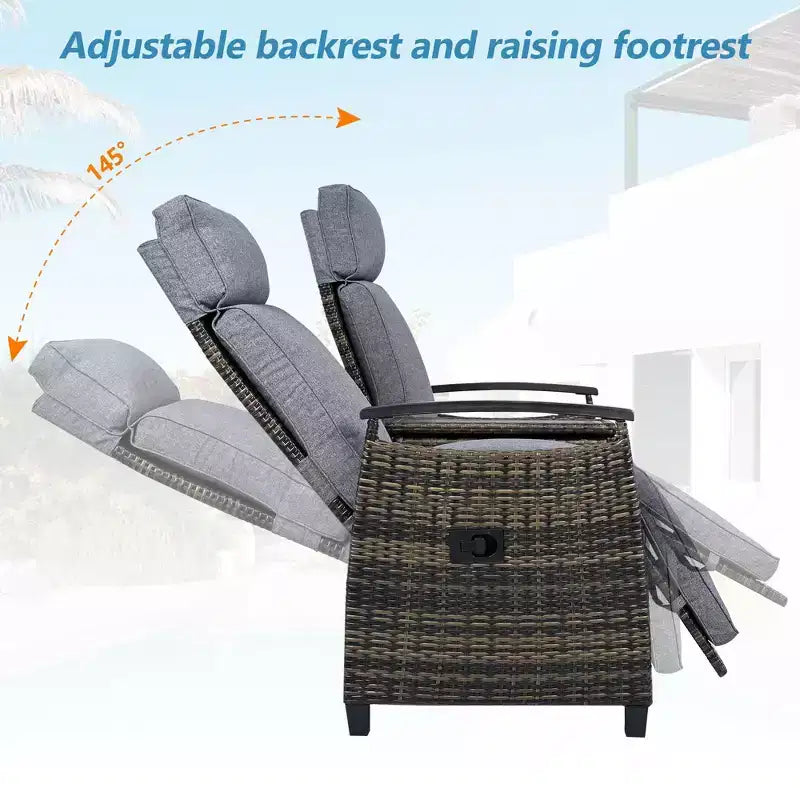 Causeuse inclinable Okak 80-145 avec table de rangement intégrée, dossier haut et repose-pieds réglable, chaise longue d'extérieur pour porche et jardin