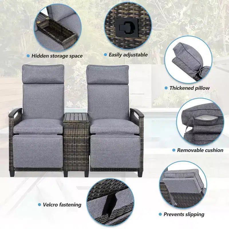 Causeuse inclinable Okak 80-145 avec table de rangement intégrée, dossier haut et repose-pieds réglable, chaise longue d'extérieur pour porche et jardin