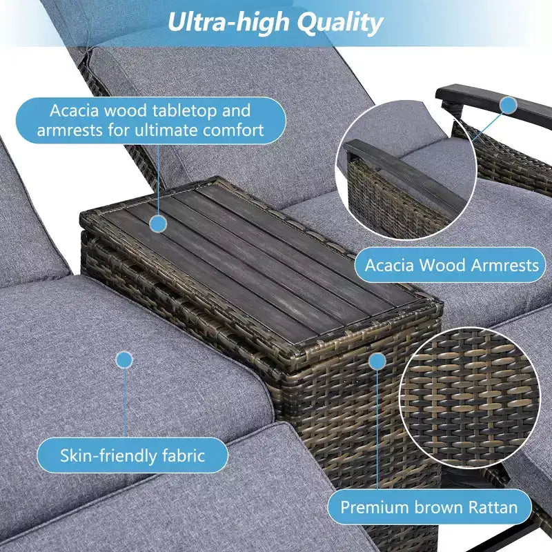 Causeuse inclinable Okak 80-145 avec table de rangement intégrée, dossier haut et repose-pieds réglable, chaise longue d'extérieur pour porche et jardin