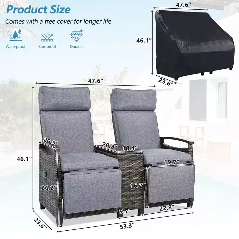 Causeuse inclinable Okak 80-145 avec table de rangement intégrée, dossier haut et repose-pieds réglable, chaise longue d'extérieur pour porche et jardin