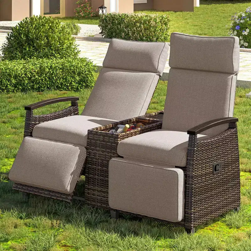 Causeuse inclinable Okak 80-145 avec table de rangement intégrée, dossier haut et repose-pieds réglable, chaise longue d'extérieur pour porche et jardin