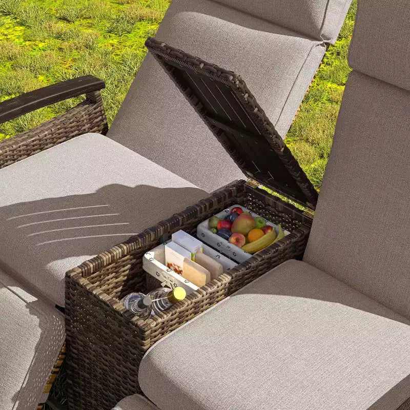 Causeuse inclinable Okak 80-145 avec table de rangement intégrée, dossier haut et repose-pieds réglable, chaise longue d'extérieur pour porche et jardin