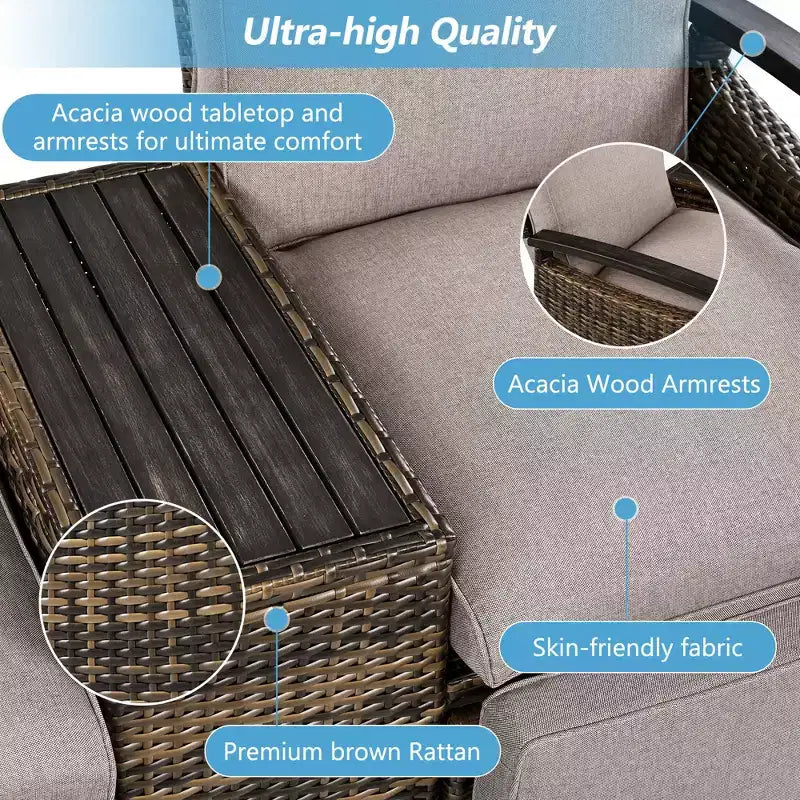 Causeuse inclinable Okak 80-145 avec table de rangement intégrée, dossier haut et repose-pieds réglable, chaise longue d'extérieur pour porche et jardin