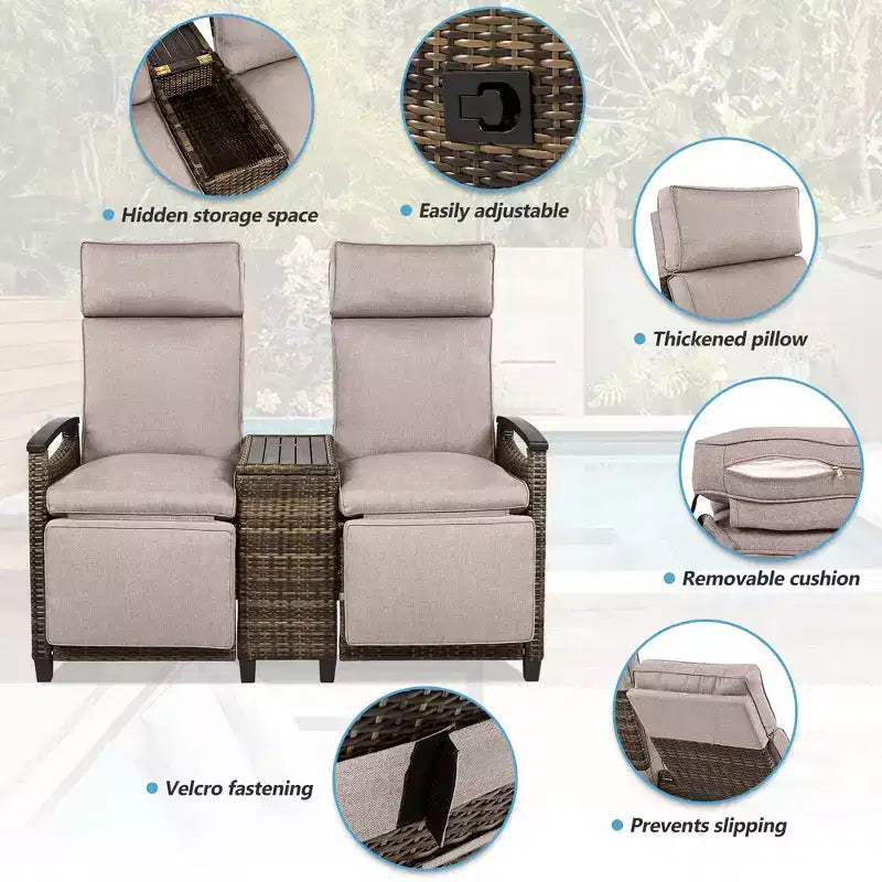 Causeuse inclinable Okak 80-145 avec table de rangement intégrée, dossier haut et repose-pieds réglable, chaise longue d'extérieur pour porche et jardin