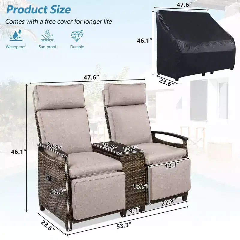 Causeuse inclinable Okak 80-145 avec table de rangement intégrée, dossier haut et repose-pieds réglable, chaise longue d'extérieur pour porche et jardin