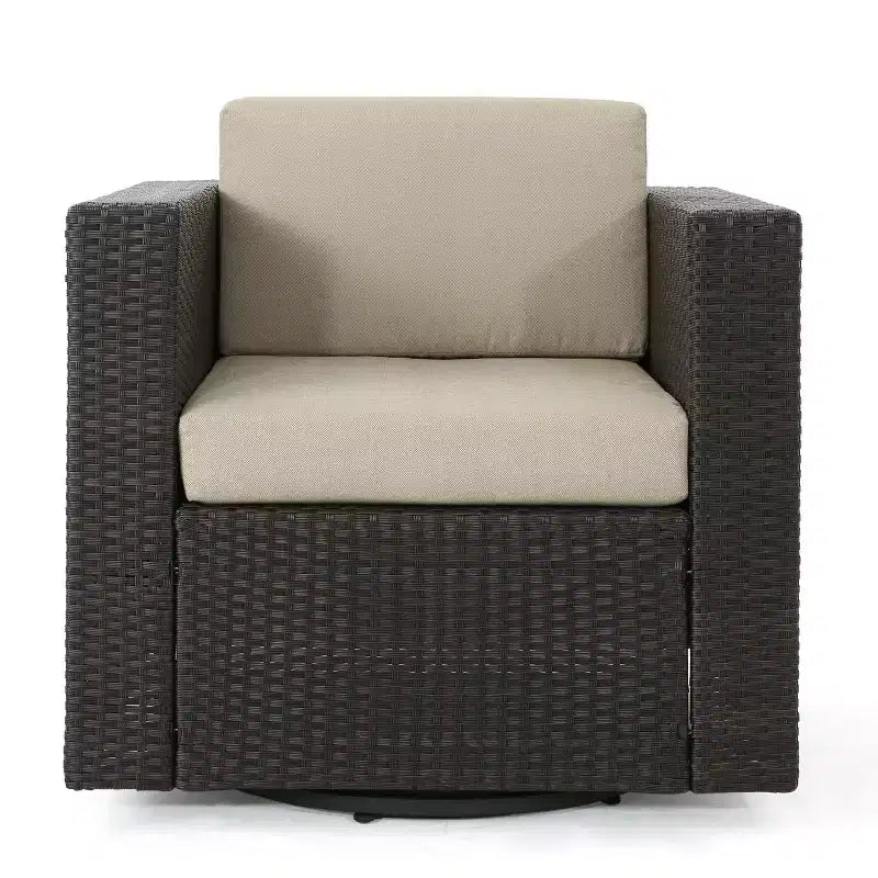 Fauteuils d'appoint pivotants Okak 360 pour terrasse, fauteuils d'extérieur en rotin PE avec base en fer et dossier rembourré, sièges de mobilier de terrasse, individuel, marron/beige