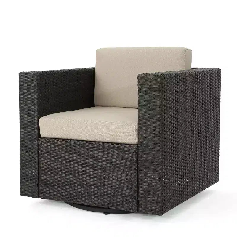Fauteuils d'appoint pivotants Okak 360 pour terrasse, fauteuils d'extérieur en rotin PE avec base en fer et dossier rembourré, sièges de mobilier de terrasse, individuel, marron/beige