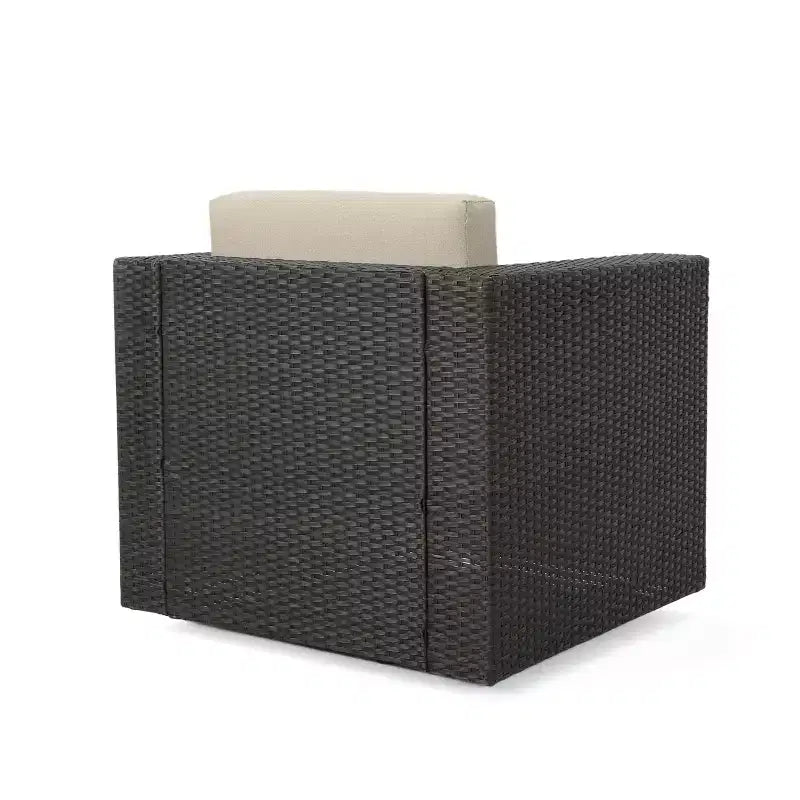 Fauteuils d'appoint pivotants Okak 360 pour terrasse, fauteuils d'extérieur en rotin PE avec base en fer et dossier rembourré, sièges de mobilier de terrasse, individuel, marron/beige
