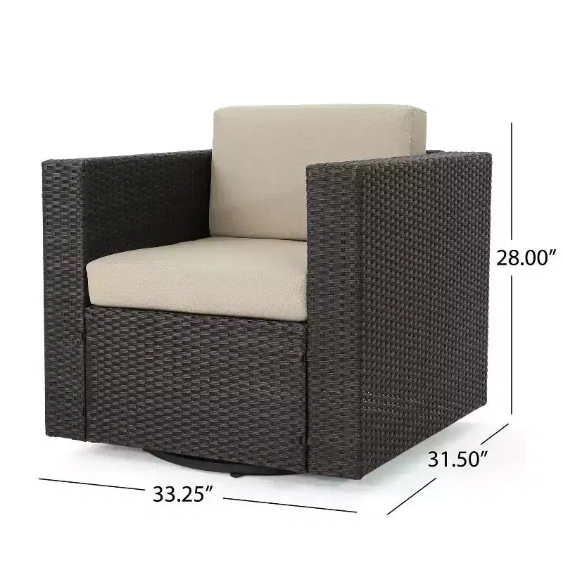 Fauteuils d'appoint pivotants Okak 360 pour terrasse, fauteuils d'extérieur en rotin PE avec base en fer et dossier rembourré, sièges de mobilier de terrasse, individuel, marron/beige