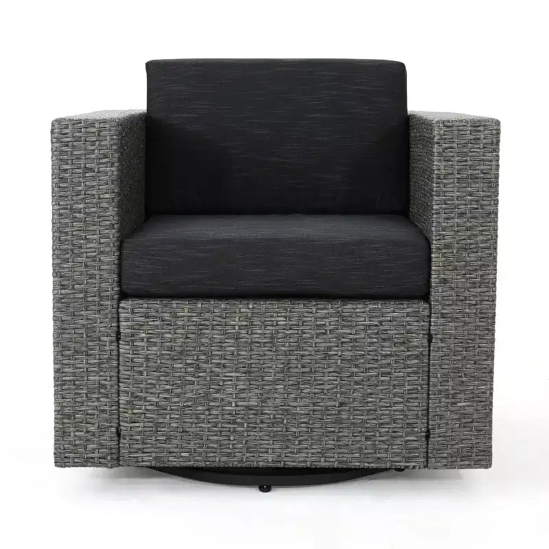 Fauteuils d'appoint pivotants Okak 360 pour terrasse, fauteuils d'extérieur en rotin PE avec base en fer et dossier rembourré, sièges de mobilier de terrasse, individuel, marron/beige