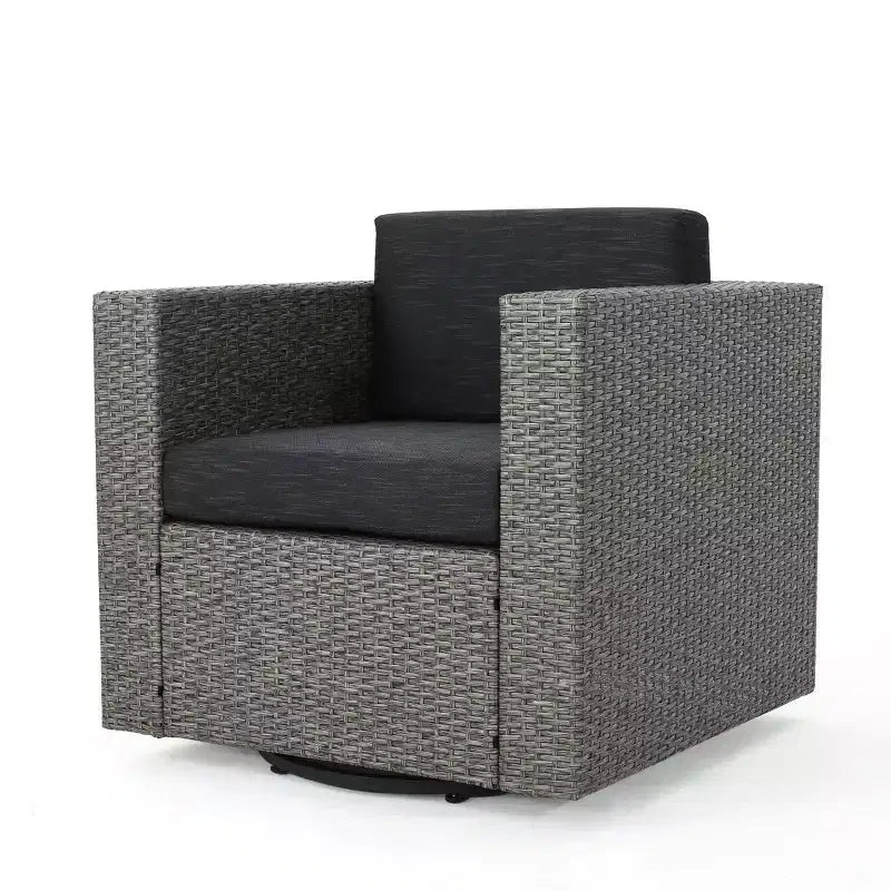 Fauteuils d'appoint pivotants Okak 360 pour terrasse, fauteuils d'extérieur en rotin PE avec base en fer et dossier rembourré, sièges de mobilier de terrasse, individuel, marron/beige