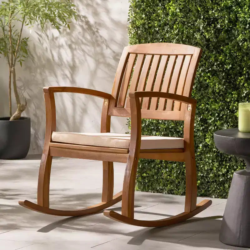 Okak 19 Boho Patio Rocking Chair Premium Acacia Armchair with Cushion,1 Pc,Rustic Recliner Chair for Porch,Backyard&Garden,Natural