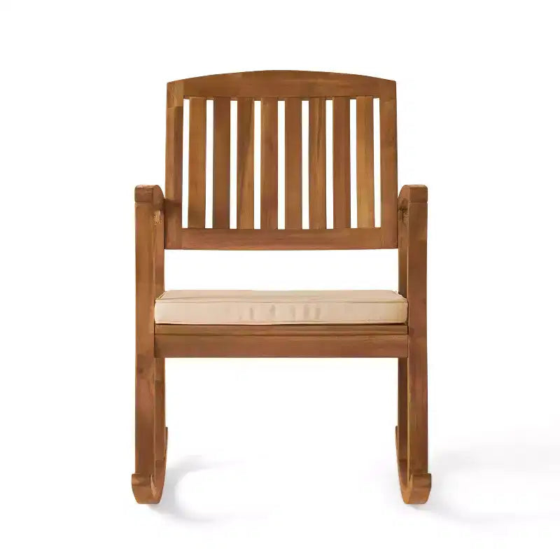 Chaise à bascule Okak 19 Boho pour patio, fauteuil en acacia de qualité supérieure avec coussin, 1 pièce, transat rustique pour véranda, jardin et arrière-cour, naturel