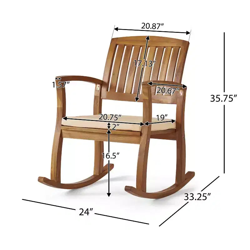 Chaise à bascule Okak 19 Boho pour patio, fauteuil en acacia de qualité supérieure avec coussin, 1 pièce, transat rustique pour véranda, jardin et arrière-cour, naturel