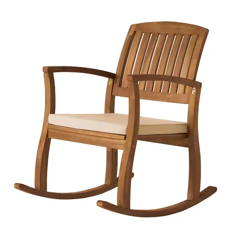 Chaise à bascule Okak 19 Boho pour patio, fauteuil en acacia de qualité supérieure avec coussin, 1 pièce, transat rustique pour véranda, jardin et arrière-cour, naturel