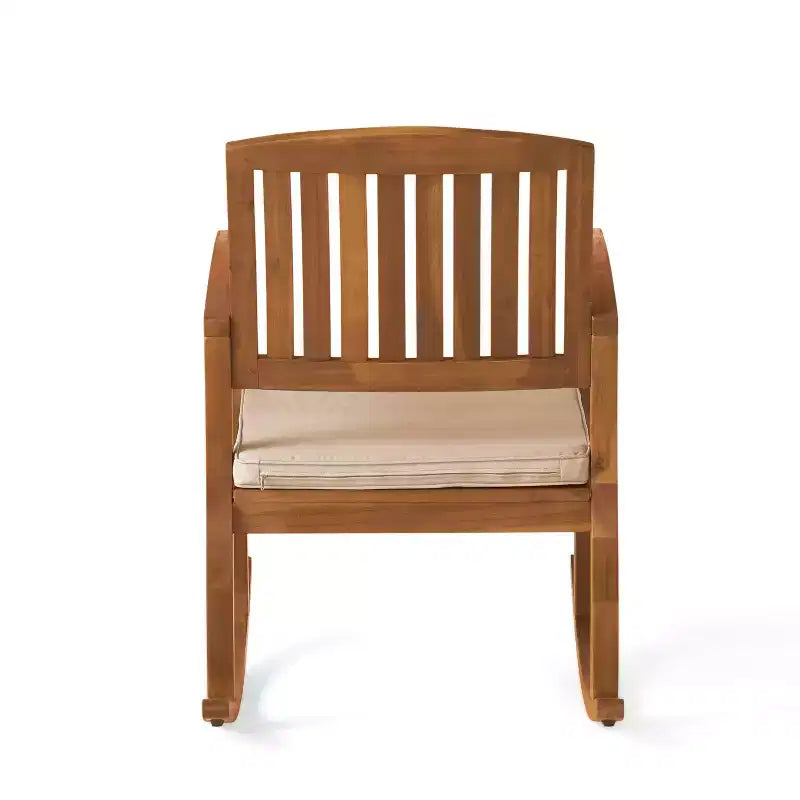 Chaise à bascule Okak 19 Boho pour patio, fauteuil en acacia de qualité supérieure avec coussin, 1 pièce, transat rustique pour véranda, jardin et arrière-cour, naturel