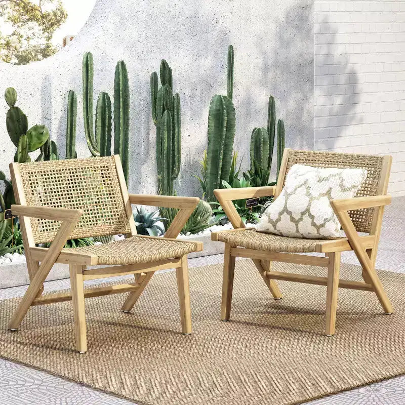 Okak 16 Chaises d'appoint de patio rustiques, fauteuil en acacia de qualité supérieure avec assise et dossier en osier tressé, lot de 2, sièges de mobilier de patio, naturel