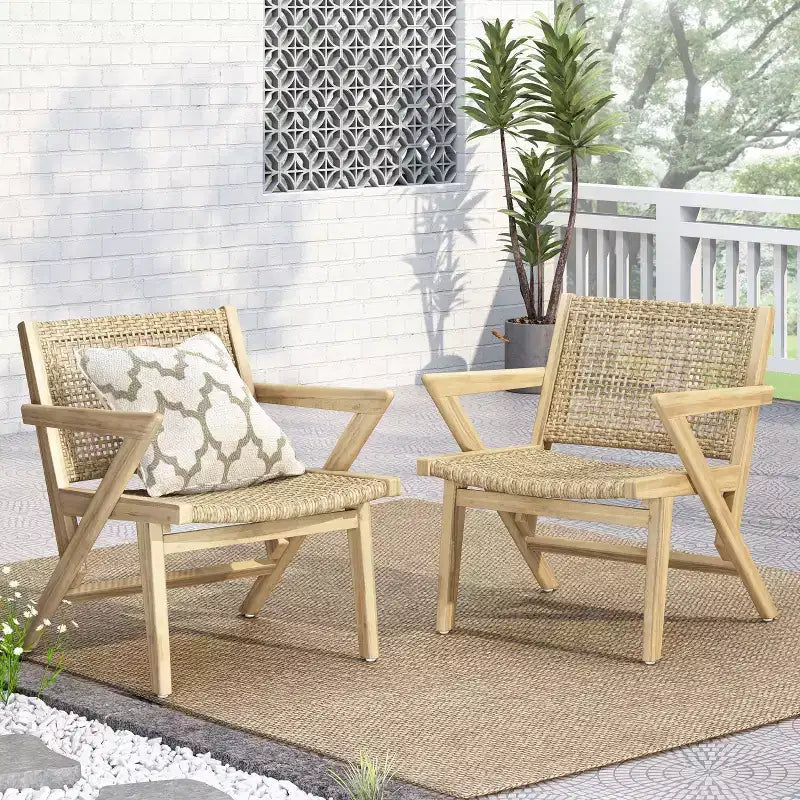 Okak 16 Chaises d'appoint de patio rustiques, fauteuil en acacia de qualité supérieure avec assise et dossier en osier tressé, lot de 2, sièges de mobilier de patio, naturel