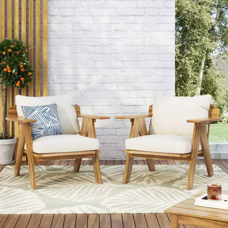 Okak Rusitc Acacia Wood Patio Club Chairs Upholstered Accent Chairs,Set of 2,Boho Outdoor Teak Finish Chair,Outdoor Furniture Seating