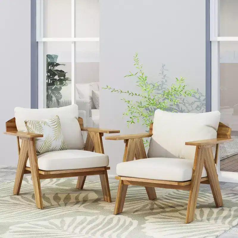 Chaises de jardin Okak Rusitc Acacia Wood Patio Club Upholstered Accent Chairs, lot de 2, chaises de jardin de style bohème avec finition teck, sièges de mobilier d'extérieur
