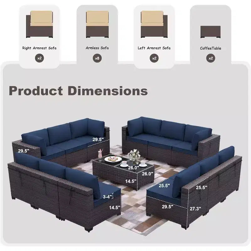 ALAULM Ensemble de mobilier de jardin 14 pièces, ensembles de conversation d'extérieur en rotin, ensemble de canapés de jardin