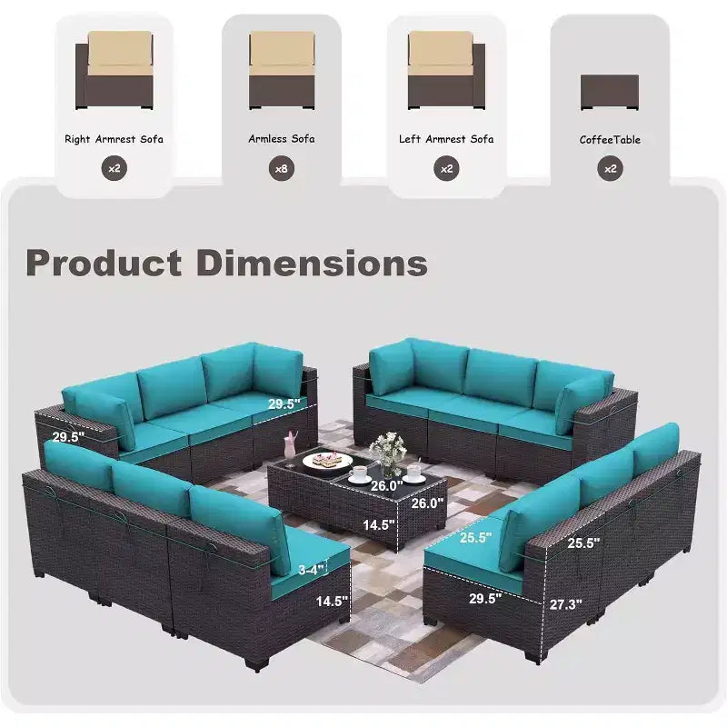 ALAULM Ensemble de mobilier de jardin 14 pièces, ensembles de conversation d'extérieur en rotin, ensemble de canapés de jardin
