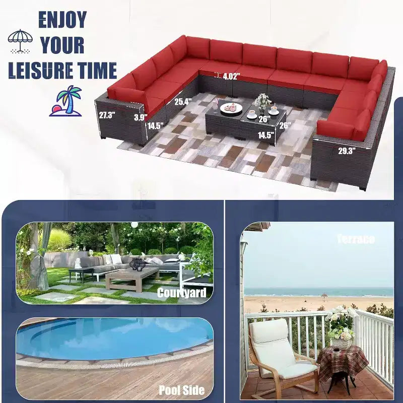 ALAULM Ensemble de mobilier de jardin 14 pièces, ensembles de conversation d'extérieur en rotin, ensemble de canapés de jardin