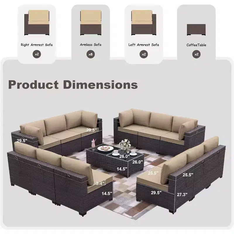 ALAULM Ensemble de mobilier de jardin 14 pièces, ensembles de conversation d'extérieur en rotin, ensemble de canapés de jardin