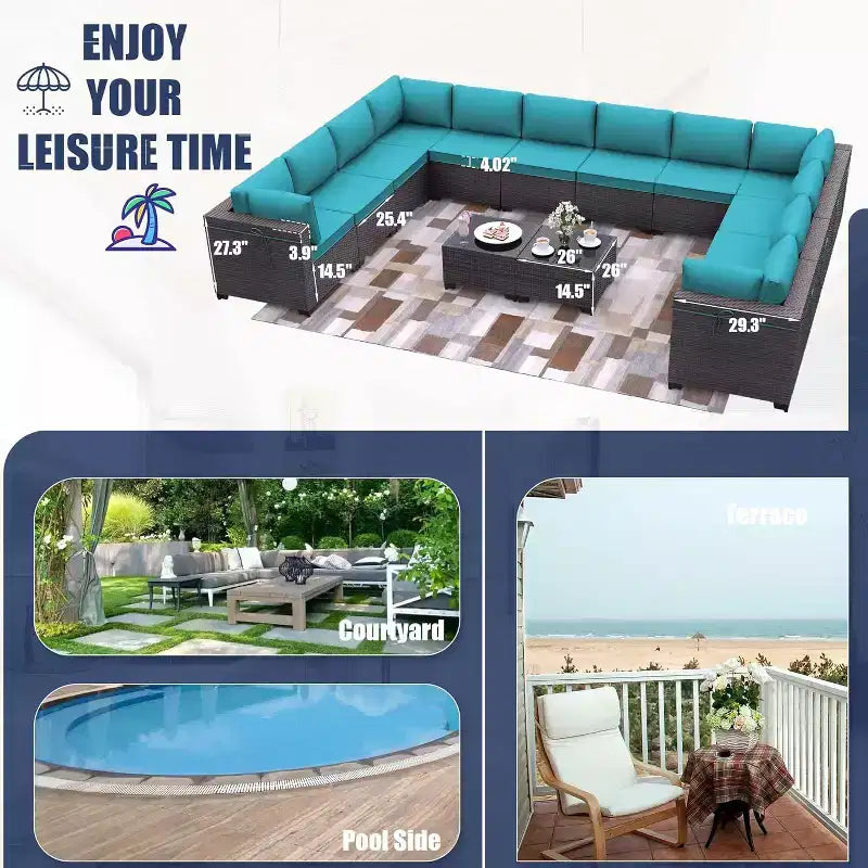 ALAULM Ensemble de mobilier de jardin 14 pièces, ensembles de conversation d'extérieur en rotin, ensemble de canapés de jardin