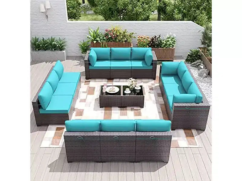ALAULM 14 Pieces Patio Furniture Set, Rattan Wicker Outdoor Conversation Sets, Outdoor Furniture Sofa Set
