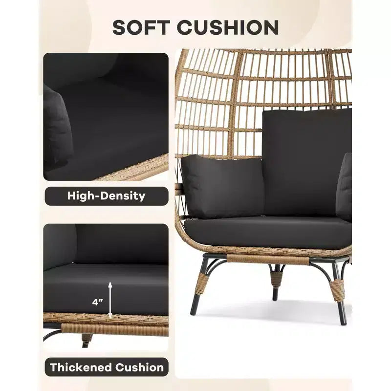Fauteuil œuf en osier surdimensionné d'extérieur avec cadre en acier, fauteuil de jardin en forme d'œuf avec 4 coussins, fauteuil œuf pour terrasse, véranda, jardin