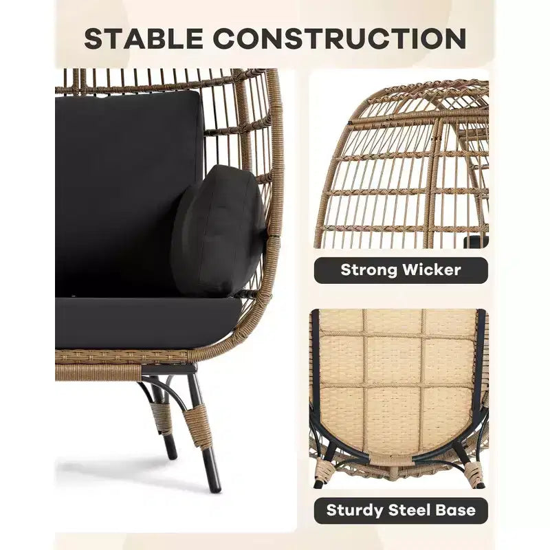 Fauteuil œuf en osier surdimensionné d'extérieur avec cadre en acier, fauteuil de jardin en forme d'œuf avec 4 coussins, fauteuil œuf pour terrasse, véranda, jardin