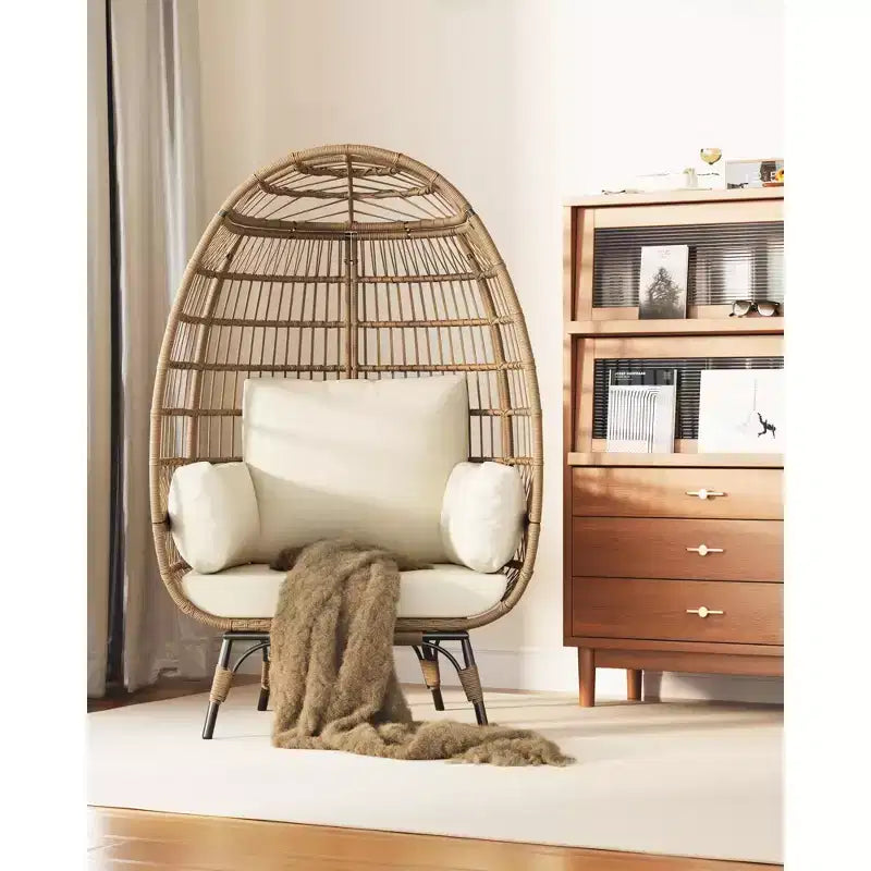 Fauteuil œuf en osier surdimensionné d'extérieur avec cadre en acier, fauteuil de jardin en forme d'œuf avec 4 coussins, fauteuil œuf pour terrasse, véranda, jardin